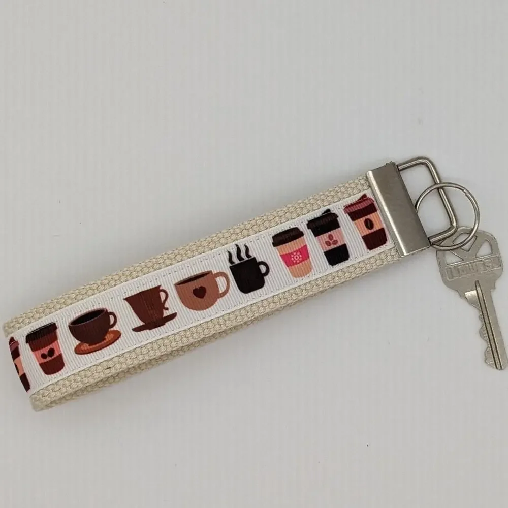Coffee Cup Keychain Wristlet Feather Boho Fabric Key Ring FOB Espresso Gift Item